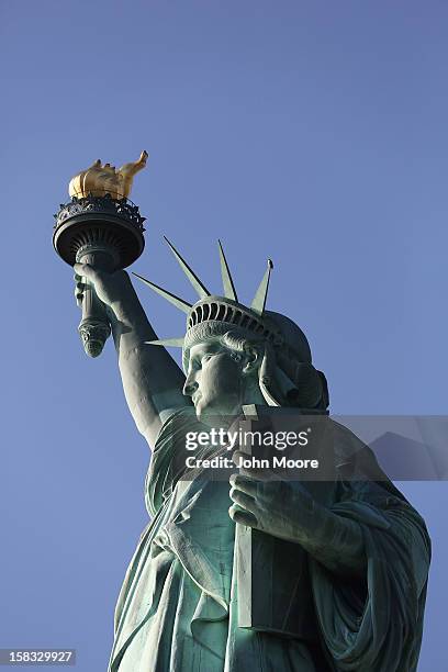 Falcon sits perched atop the Statue of Liberty which, remains closed to the public six weeks after Hurricane Sandy on December 13, 2012 in New York...