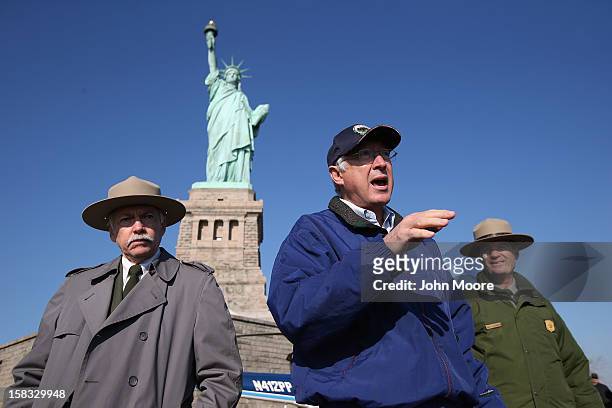 Secretary of the Interior Ken Salazar speaks to the media at the Statue of Liberty which, remains closed to the public six weeks after Hurricane...