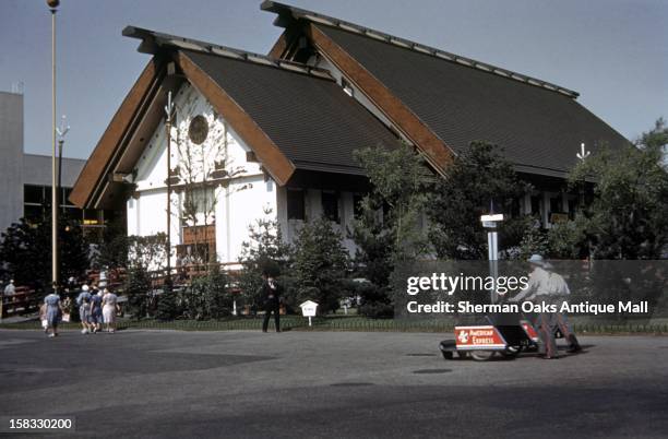 View of the Japan pavilion with American Express sponsored wheelchairs in front at the 1939 New York World's Fair in Flushing Meadows, Queens, New...