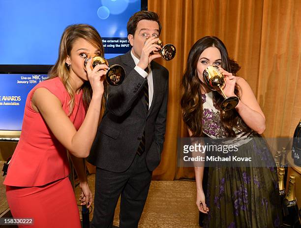 Actors Jessica Alba, Ed Helms and Megan Fox toast the 70th Annual Golden Globe Nominations with Moet & Chandon at the The Beverly Hilton on December...