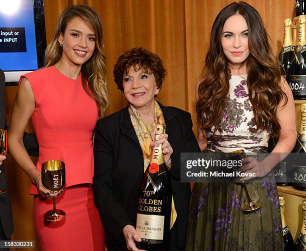 Actress Jessica Alba, Hollywood Foreign Press Association President Dr. Aida Takla-O'Reilly, and actress Megan Fox toast the 70th Annual Golden Globe...