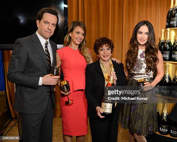 Actor Ed Helms, actress Jessica Alba, Hollywood Foreign Press Association President Dr. Aida Takla-O'Reilly, and actress Megan Fox toast the 70th...
