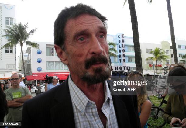 Software company founder John McAfee talks to AFP in front of this hotel in Miami Beach, Florida on December 13 a day after being deported to US from...