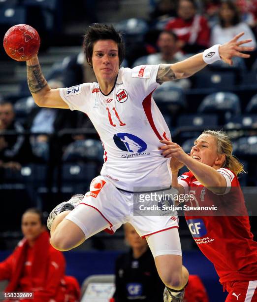 Anja Edin of Norway is challenged by Kristina Bille of Denmark during the Women's European Handball Championship 2012 Group I main round match...