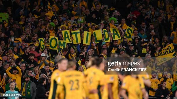 Supporters of Australia are seen during the Australia and New Zealand 2023 Women's World Cup round of 16 football match between Australia and Denmark...