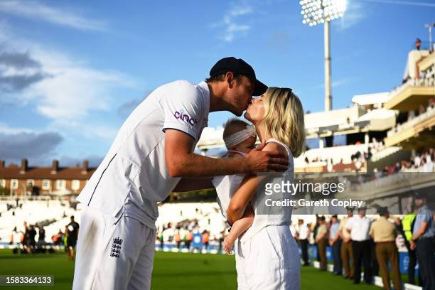 Stuart Broad of England interacts with Partner Mollie King and their daughter following Day Five of the LV= Insurance Ashes 5th Test Match between...
