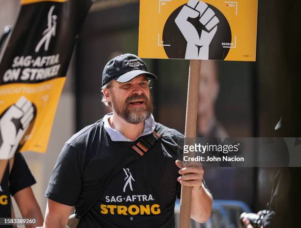 David Harbour joins SAG-AFTRA members as they maintain picket lines across New York City during strike on July 31, 2023 in New York City.