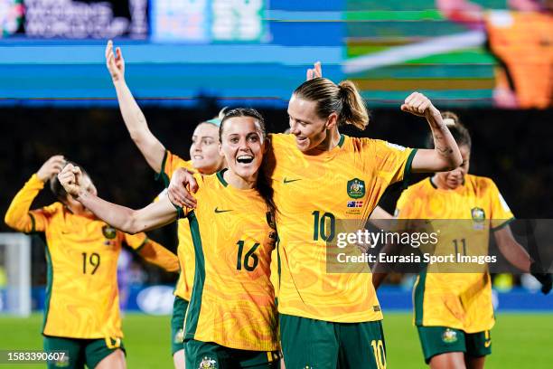 Hayley Raso and Emily Van Egmond of Australia celebrates with her teammates after winning Denmark during the FIFA Women's World Cup Australia & New...