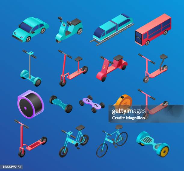 ilustrações de stock, clip art, desenhos animados e ícones de electric transport isometric vector set - lambreta