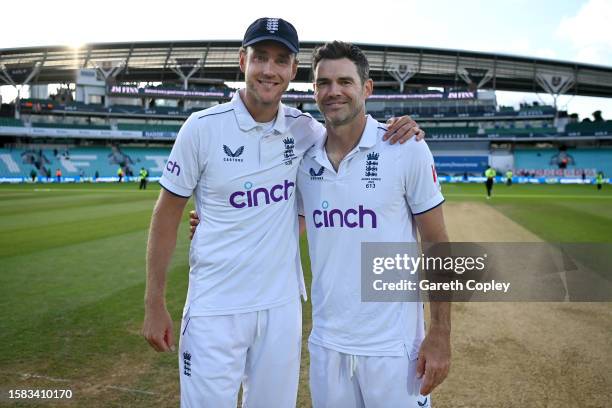 Stuart Broad and James Anderson of England pose for a photo following Day Five of the LV= Insurance Ashes 5th Test Match between England and...