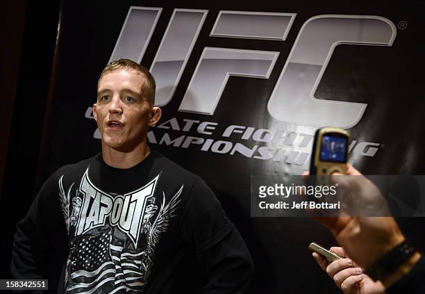 The Ultimate Fighter Finalist Colton Smith speaks to the media during the Ultimate Fighter 16 Finale open workouts at The Joint at the Hard Rock...