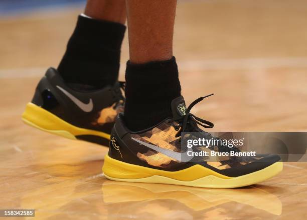 Kobe Bryant of the Los Angeles Lakers was wearing new sneakers for his game against the New York Knicks at Madison Square Garden on December 13, 2012...