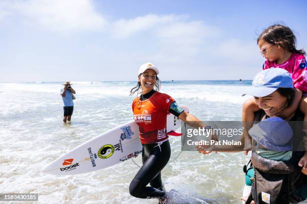 Sally Fitzgibbons of Australia after surfing in Heat 2 of the Semifinals at the US Open of Surfing on August 6, 2023 at Huntington Beach, California.
