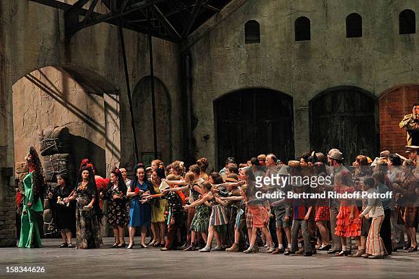 Artists and members of the chorus perform during the Arop Gala event for Carmen new production launch at Opera Bastille on December 13, 2012 in...