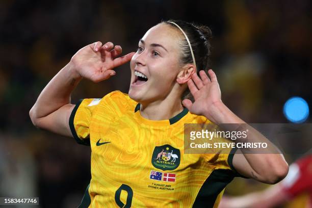 Australia's forward Caitlin Foord celebrates after scoring a goal during the Australia and New Zealand 2023 Women's World Cup round of 16 football...