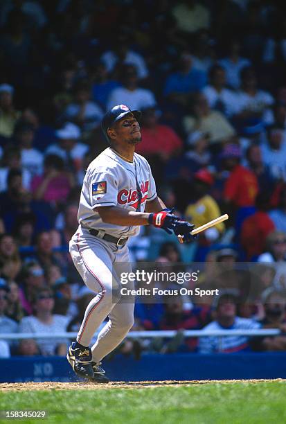 Albert Belle of the Cleveland Indians bats against the Detroit Tigers during a Major League Baseball game circa 1994 at Tiger Stadium in Detroit,...