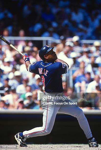 Albert Belle of the Cleveland Indians bats against the New York Yankees during a Major League Baseball game circa 1994 at Yankee Stadium in the Bronx...