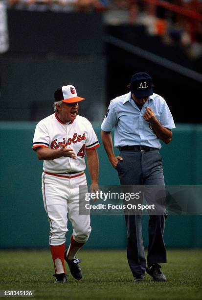 Manager Earl Weaver of the Baltimore Orioles argues with an umpire during an Major League Baseball game circa 1980 at Memorial Stadium in Baltimore,...