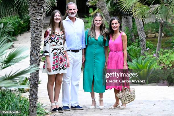 Princess Sofia of Spain, King Felipe VI of Spain, Crown Princess Leonor and Queen Letizia of Spain visit the Alfabia Garden on July 31, 2023 in...