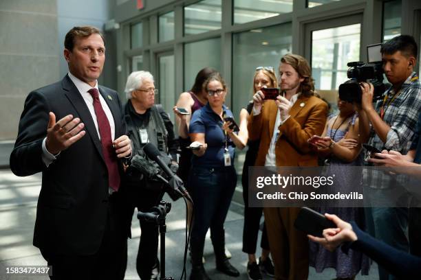 House Oversight Committee member Rep. Dan Goldman talks to reporters as he departs the O'Neill House Office Building on Capitol Hill on July 31, 2023...