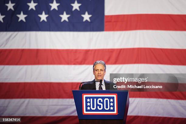 Jon Stewart speaks at the 51st USO Armed Forces Gala & Gold Medal Dinner on December 13, 2012 in New York City.