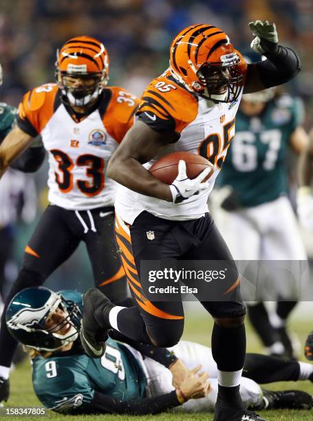 Wallace Gilberry of the Cincinnati Bengals recovers a fumble by Nick Foles of the Philadelphia Eagles and runs it in for a touchdown on December 13,...