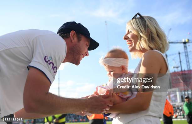 Stuart Broad of England speaks to daughter Annabella and partner Mollie King after Day Five of the LV= Insurance Ashes 5th Test Match. Between...