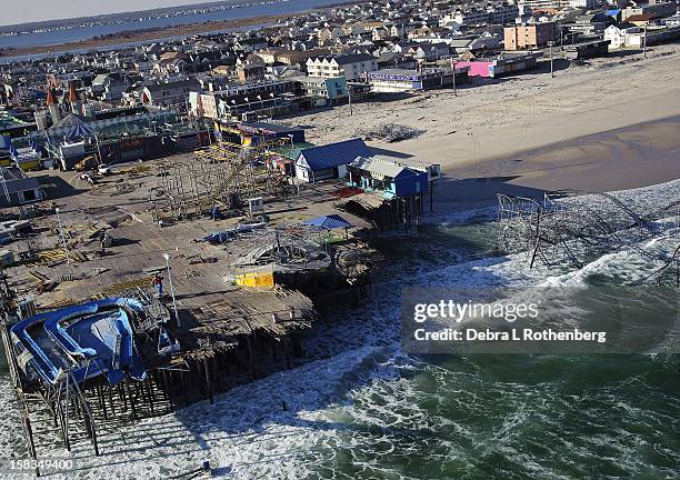 Aerial Views of the roller coaster from the casino pier damaged from Superstorm Sandy along the Jersey Shore on December 13, 2012 in Seaside Heights,...