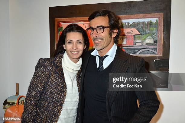 Adeline Blondieau and painter Laurent Hubert attend the 'Amerique: Instantanes' - Laurent Hubert Painting Exhibition Preview at Galerie Myriane on...