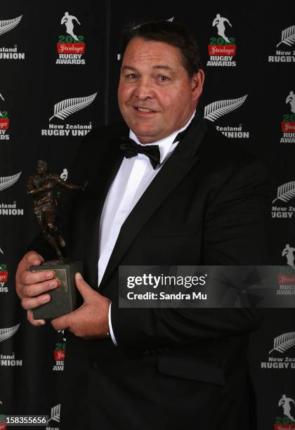 All Black coach Steve Hansen poses with the Coach of the Year award during the 2012 Steinlager Rugby Awards at SkyCity Convention Centre on December...