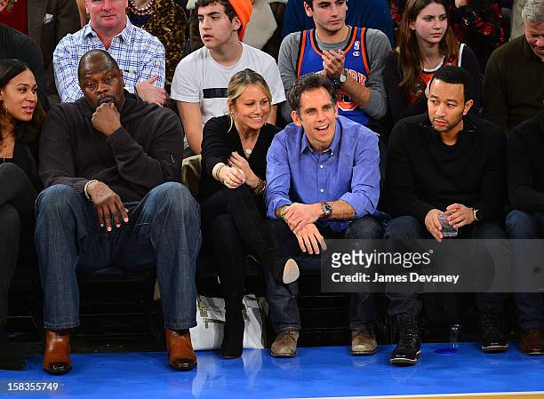 Patrick Ewing, Christine Taylor, Ben Stiller and John Legend attend the Los Angeles Lakers vs New York Knicks game at Madison Square Garden on...