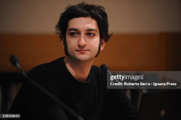 Italian musician and author Vasco Brondi attends a conference about his art for "il Nastro di Moebius" at San Giorgio in Poggiale Arts Library on...