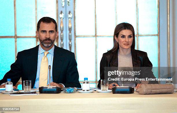 Prince Felipe of Spain and Princess Letizia of Spain attend a meeting with 'Principe de Girona' Foundation at Albeniz Palace on December 13, 2012 in...