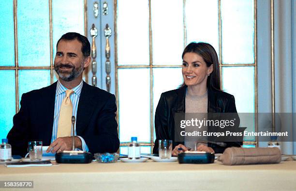 Prince Felipe of Spain and Princess Letizia of Spain attend a meeting with 'Principe de Girona' Foundation at Albeniz Palace on December 13, 2012 in...