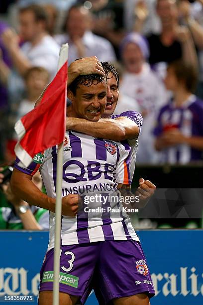 Liam Miller and Travis Dodd of the Glory celebrate a goal during the round 11 A-League match between the Perth Glory and the Newcastle Jets at nib...