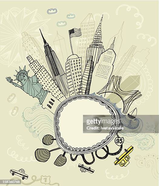 stockillustraties, clipart, cartoons en iconen met hand drawn illustration of new york city with blank frame - statue of liberty drawing