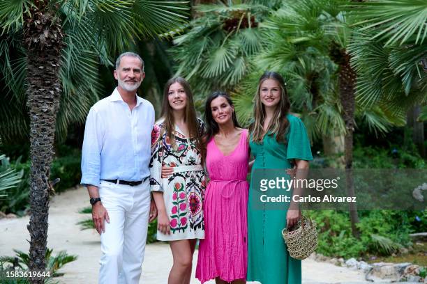 King Felipe VI of Spain, Crown Princess Leonor of Spain, Queen Letizia of Spain and Princess Sofia of Spain visit the Alfabia Garden on July 31, 2023...