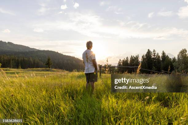 senior man walks through mountain meadow - early retirement stockfoto's en -beelden