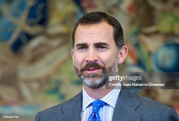 Prince Felipe of Spain receives Asociacion Mensajeros de la Paz at Zarzuela Palace on December 14, 2012 in Madrid, Spain.