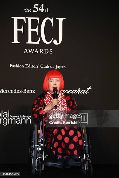 Artist Yayoi Kusama receives the FECJ Special Prize during the 54th Fashion Editors Club of Japan Awards at Mercedes-Benz Connection on December 14,...