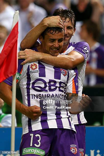 Liam Miller and Travis Dodd of the Glory celebrate a goal during the round 11 A-League match between the Perth Glory and the Newcastle Jets at nib...