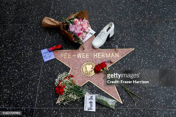 Fflowers and memorabilia placed on the star of Pee-Wee Herman on the Hollywood Walk of Fame as Hollywood Remembers Actor Paul Reubens on July 31,...