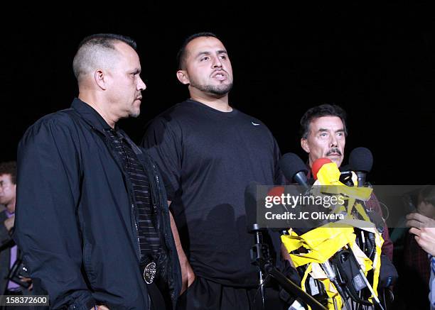 Pedro Rivera Jr, Juan Rivera and Pedro Rivera father of the late singer Jenni Rivera speak to the press on December 10, 2012 in Long Beach,...