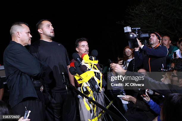 Pedro Rivera Jr, Singers Juan Rivera and Pedro Rivera father of the late singer Jenni Rivera speak to the press on December 10, 2012 in Long Beach,...