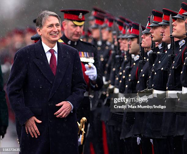 Secretary of State for Defence Philip Hammond inspects the Officer Cadets as he represents Queen Elizabeth II during the Sovereign's Parade at the...