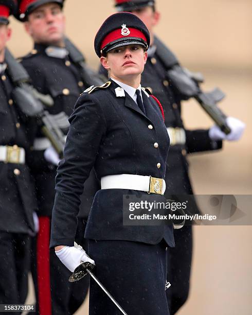 Sword of Honour winner Senior Under Officer Sarah Hunter-Choat takes part in the Sovereign's Parade at the Royal Military Academy Sandhurst on...