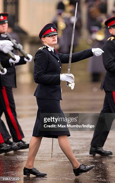 Sword of Honour winner Senior Under Officer Sarah Hunter-Choat takes part in the Sovereign's Parade at the Royal Military Academy Sandhurst on...