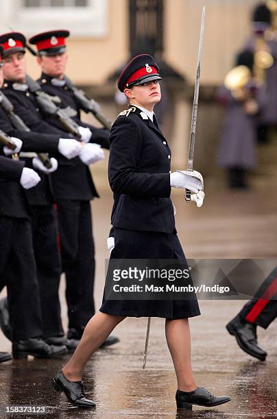 Sword of Honour winner Senior Under Officer Sarah Hunter-Choat takes part in the Sovereign's Parade at the Royal Military Academy Sandhurst on...
