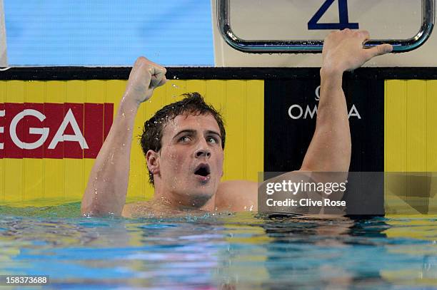 Ryan Lochte of USA celebrates after winning the Men's 200m Individual Medley Final during day three of the 11th FINA Short Course World Championships...