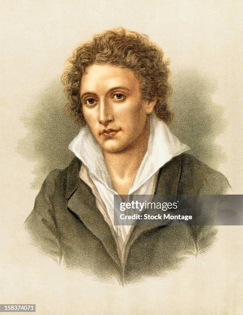 Color lithograph portrait of English poet Percy Bysshe Shelley , early 19th century.